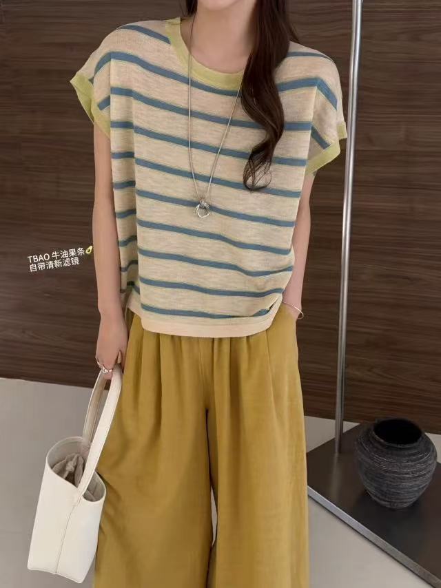2026春夏新款韓版寬松顯瘦圓領冰絲亞麻短袖針織衫女毛衣薄款上衣