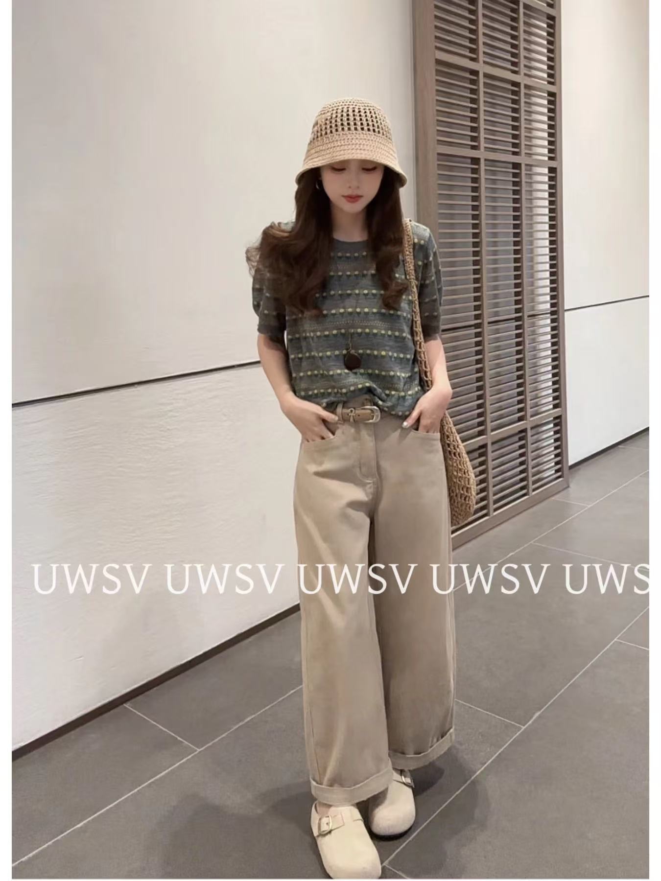 安南UWSV新款夏日氛圍感超好看短袖上衣女寬松圓領套頭花朵針織衫