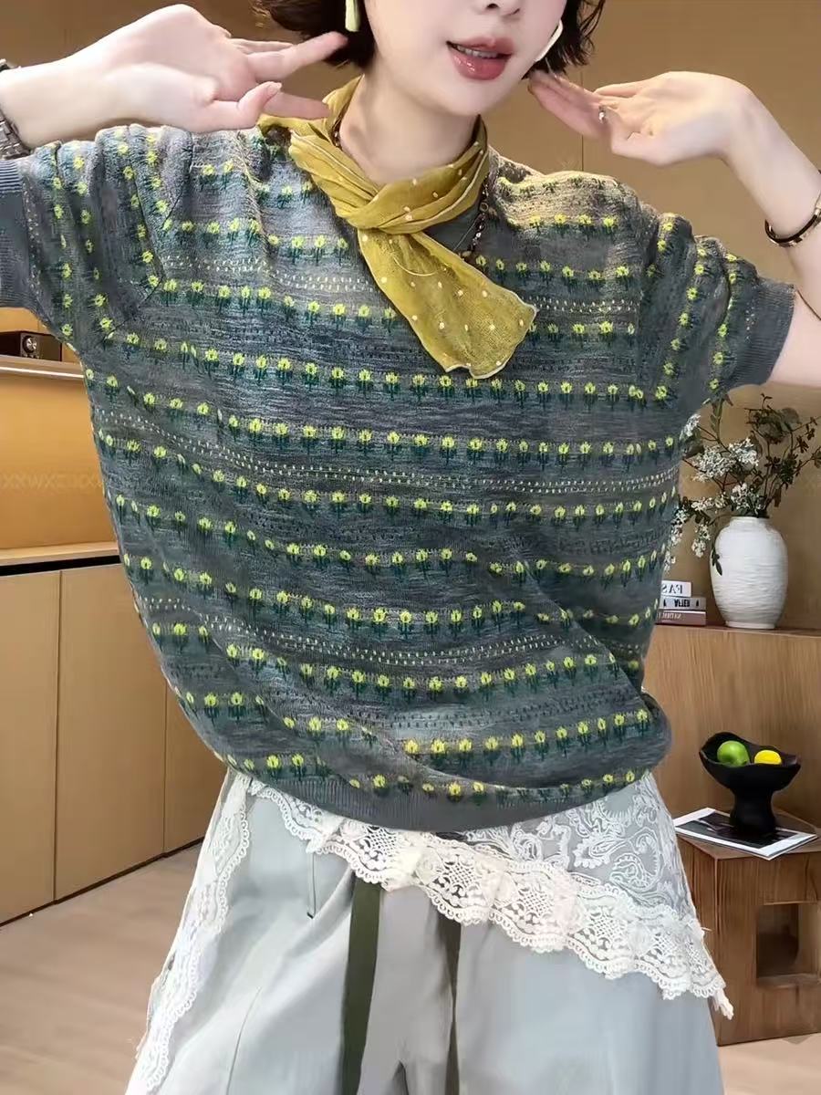 韓國東大門夏季新款復古風設計感百搭顯瘦短袖黃花針織套頭衫上衣
