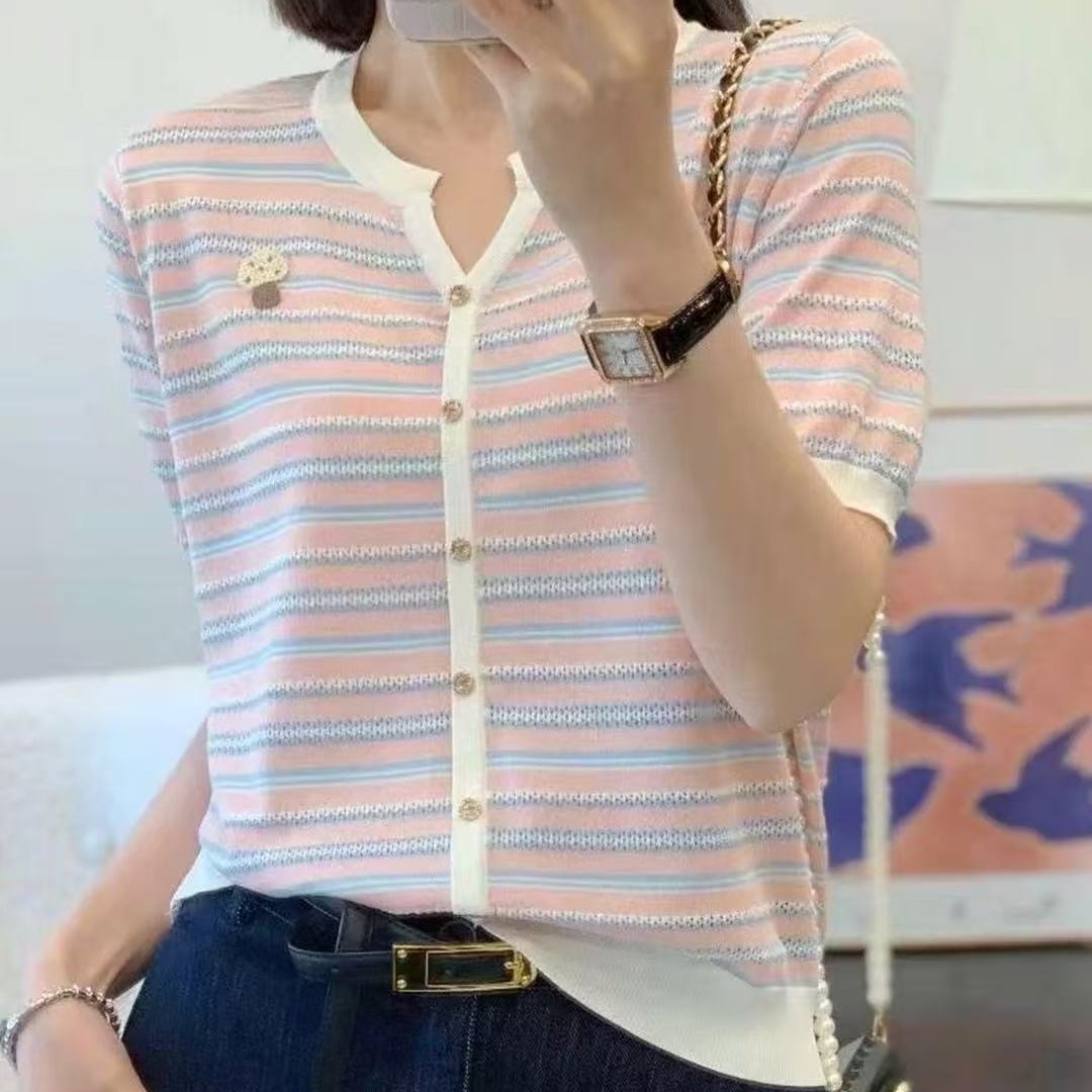 冰絲條紋V領短袖針織衫女2026夏裝新款韓系百搭可愛風上衣T恤薄款