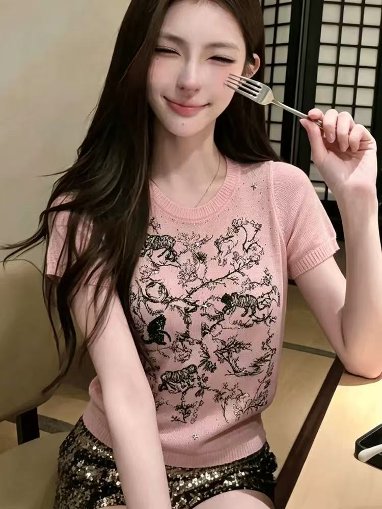 RETROI STUDIO 純欲甜妹風粉色叢林印花針織T恤女夏季溫柔短袖