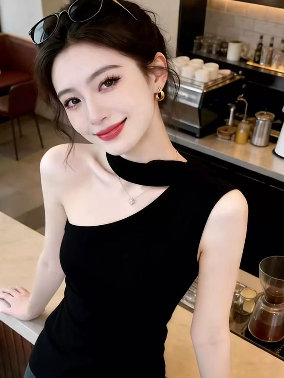 辣妹掛脖網紗飄帶針織背心女夏季韓系漂亮修身無袖斜肩設計感上衣