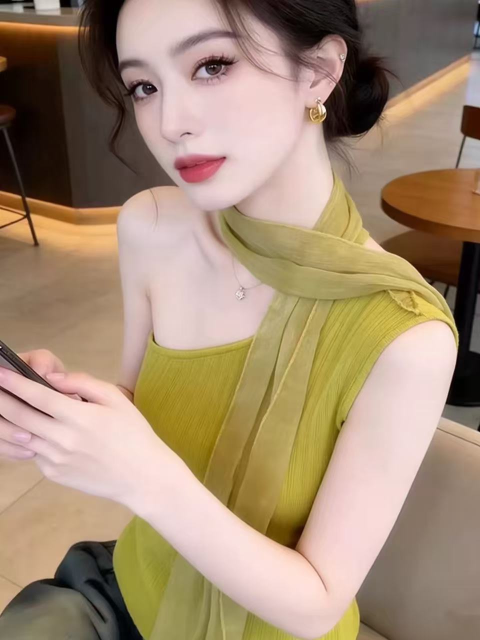 辣妹掛脖網紗飄帶針織背心女夏季韓系漂亮修身無袖斜肩設計感上衣