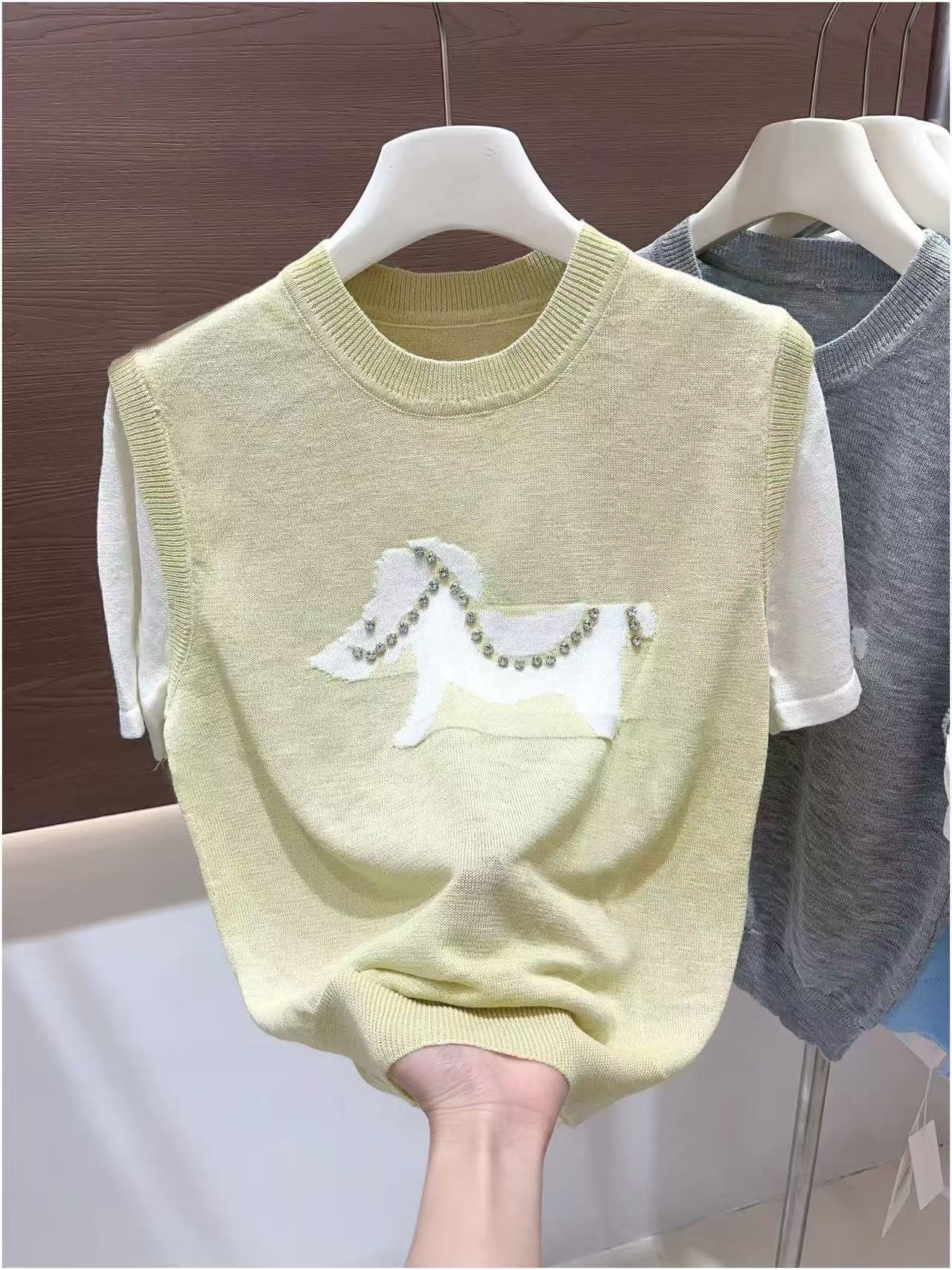 夏季新卡通小馬重工鑲鉆冰絲針織衫女圓領短袖疊穿T恤女休閑上衣