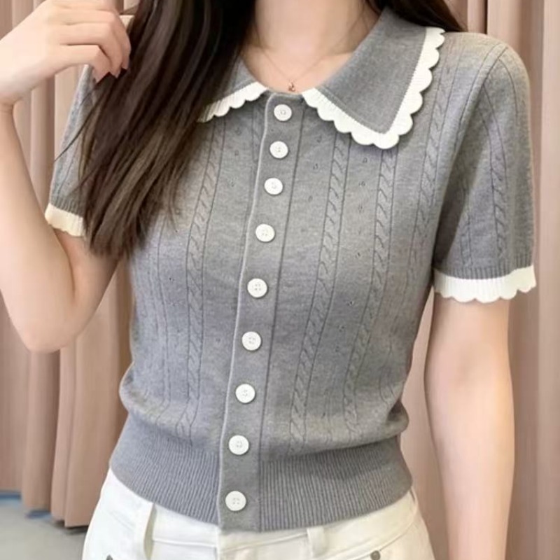 今年流行的爆款女裝夏季2026新款娃娃領冰絲短袖針織獨特漂亮上衣