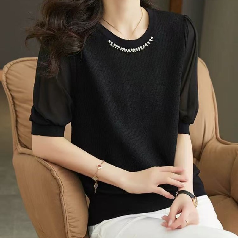 黑色短袖t恤女夏季2026新款洋氣大碼冰絲針織體恤設計感小眾上衣