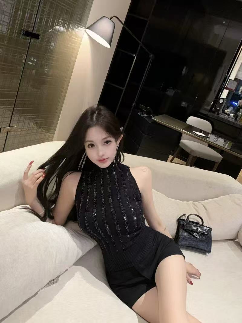 粉色燙鉆半高領無袖針織背心女早春顯瘦收腰內搭辣妹修身打底上衣