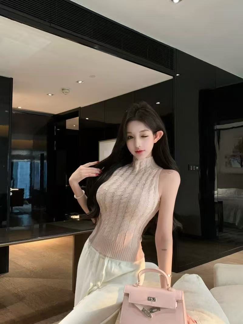 粉色燙鉆半高領無袖針織背心女早春顯瘦收腰內搭辣妹修身打底上衣