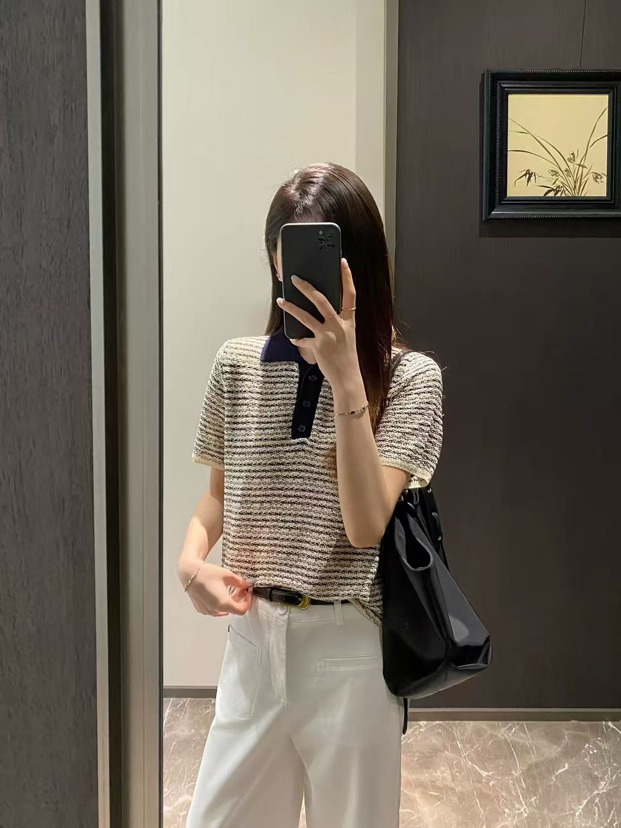 經典黑白~天絲亞麻小香風翻領條紋針織衫圓領短袖T恤氣質上衣女夏