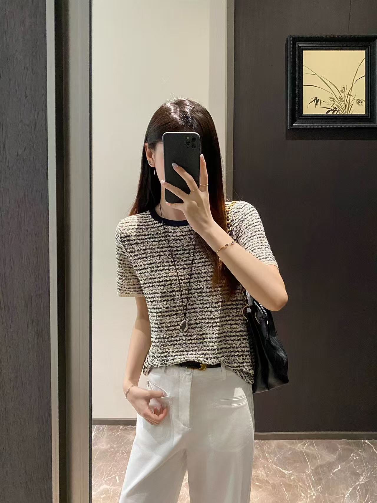 經典黑白~天絲亞麻小香風翻領條紋針織衫圓領短袖T恤氣質上衣女夏