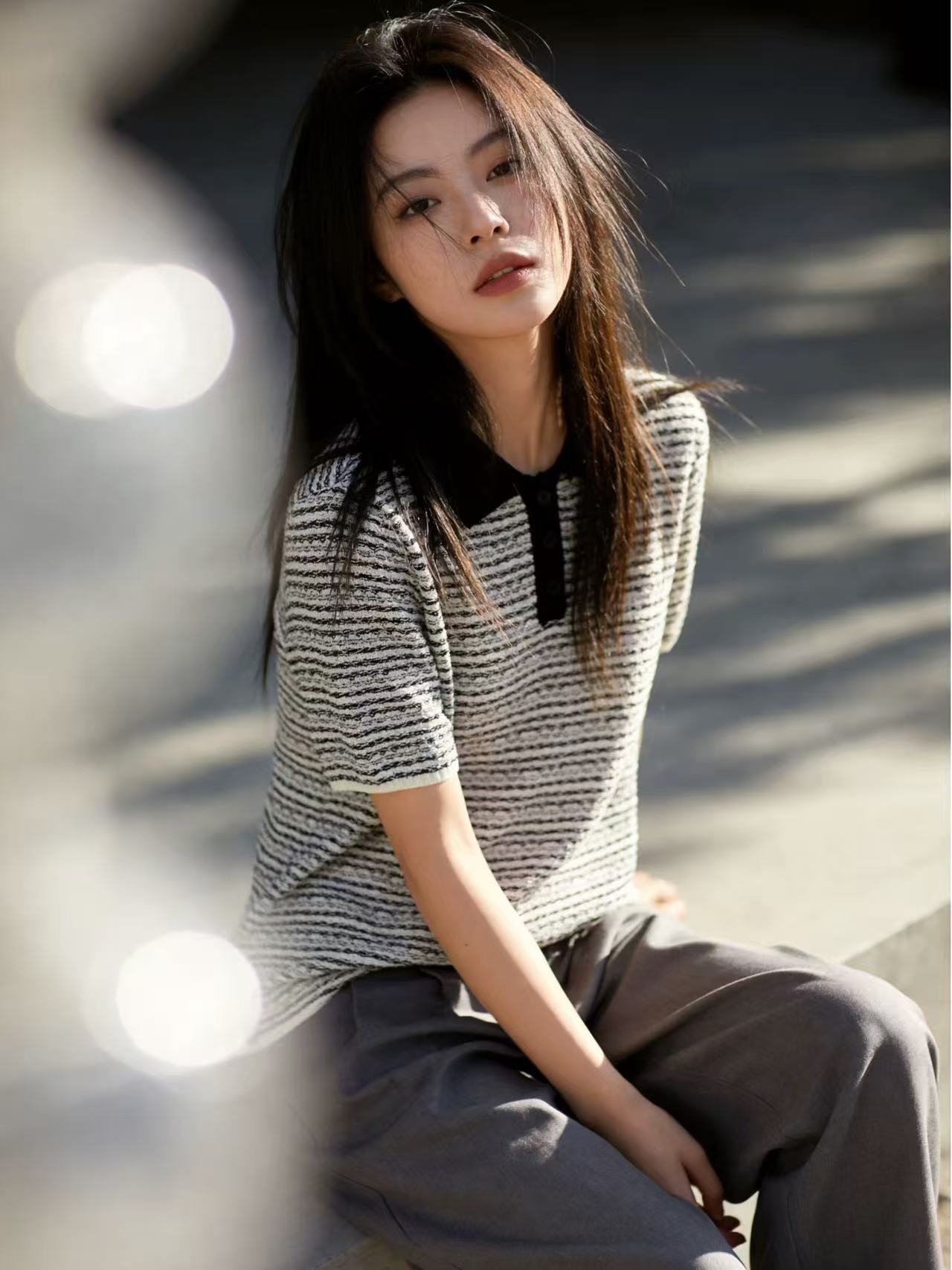經典黑白~天絲亞麻小香風翻領條紋針織衫圓領短袖T恤氣質上衣女夏