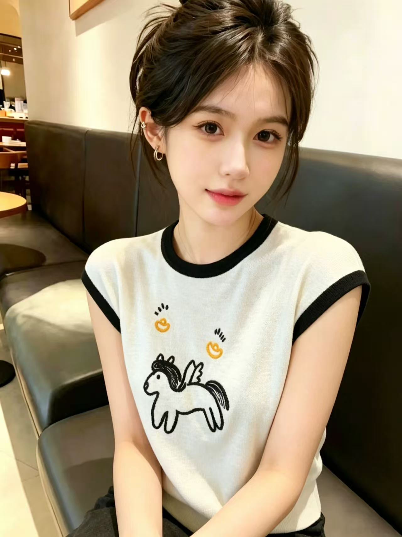 卡通小馬刺繡竹節麻撞色圓領無袖T恤女夏薄款寬松顯瘦針織上衣潮
