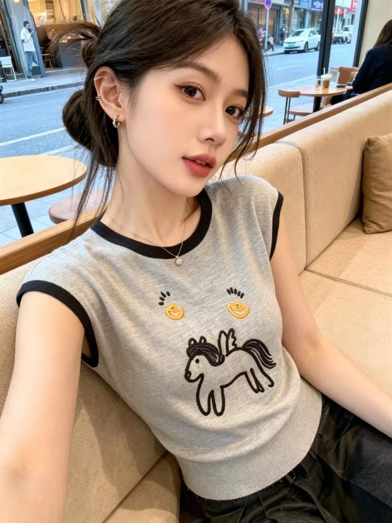 卡通小馬刺繡竹節麻撞色圓領無袖T恤女夏薄款寬松顯瘦針織上衣潮