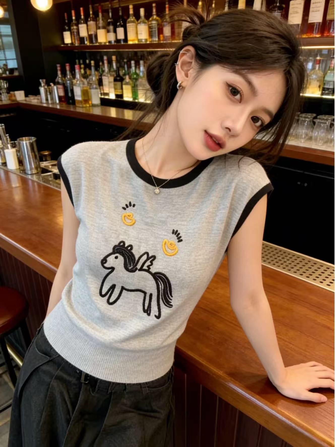 卡通小馬刺繡竹節麻撞色圓領無袖T恤女夏薄款寬松顯瘦針織上衣潮