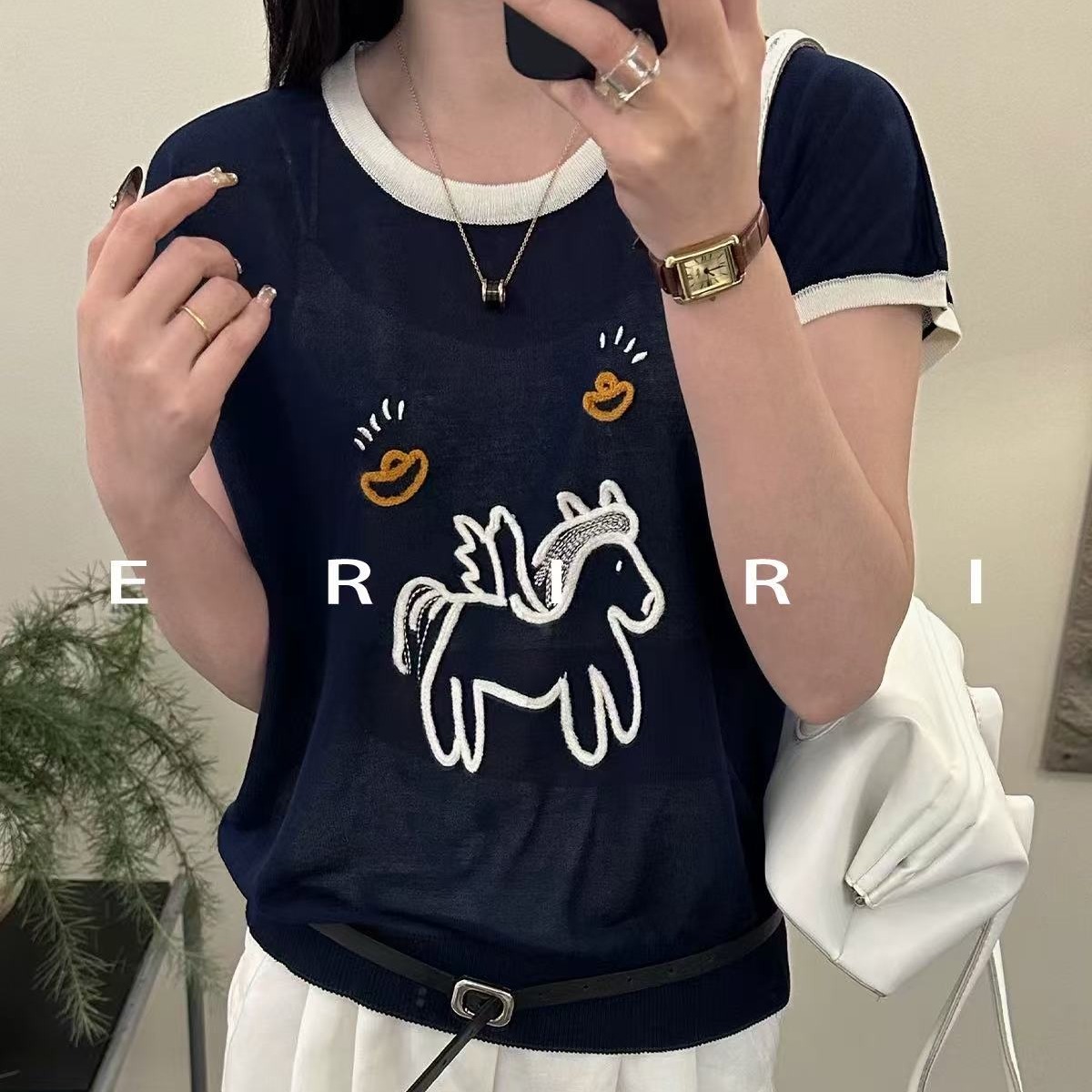 卡通小馬刺繡竹節麻撞色圓領無袖T恤女夏薄款寬松顯瘦針織上衣潮