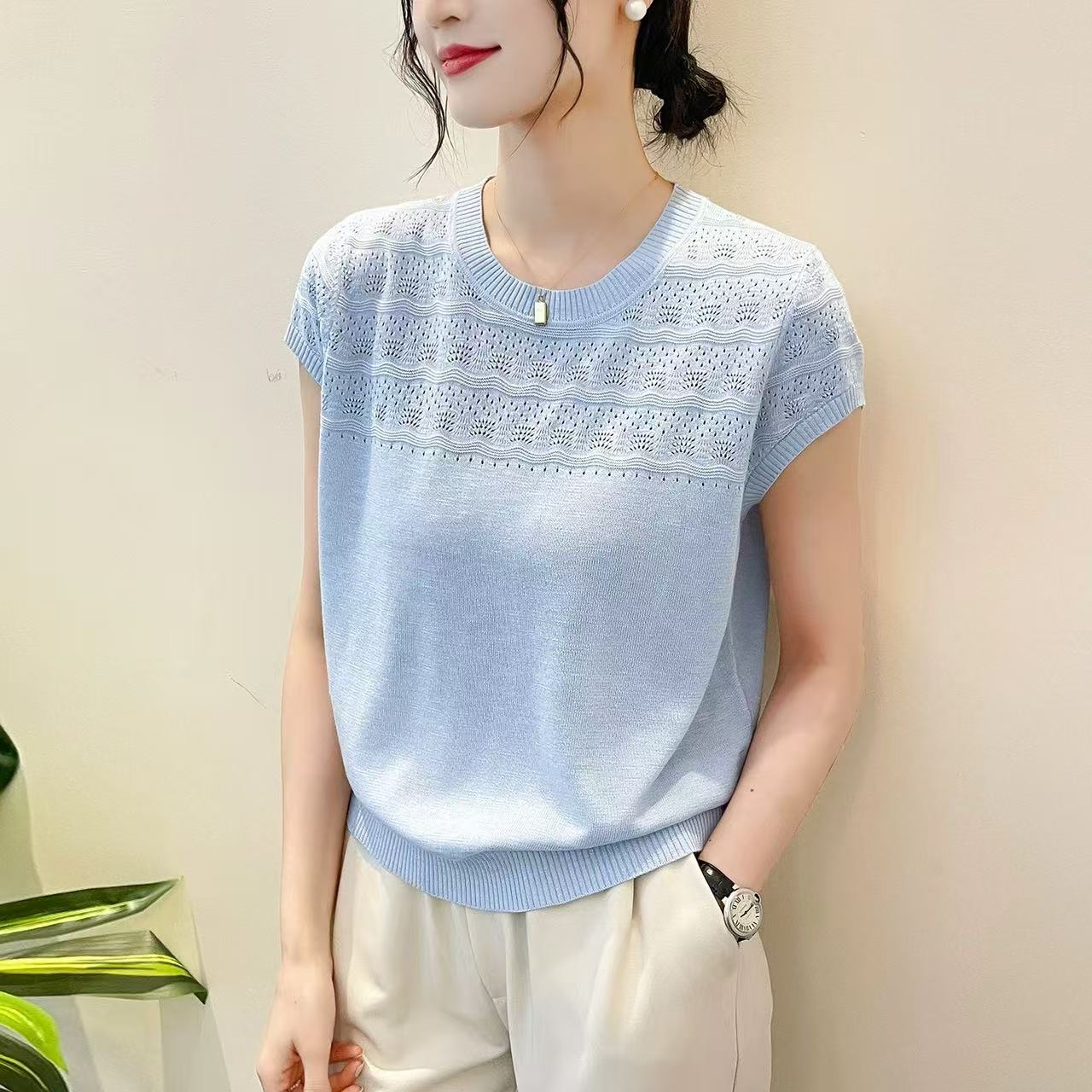 設計感鏤空鉤花針織衫短袖女2026夏季新款透氣親膚百搭套頭上衣