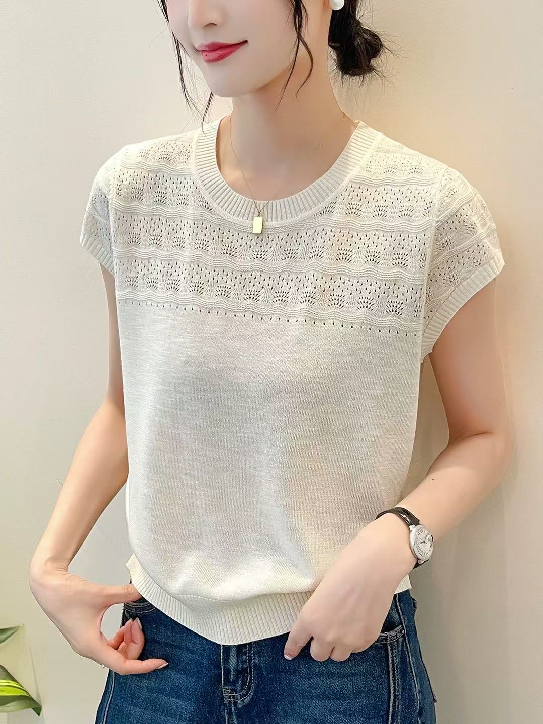設計感鏤空鉤花針織衫短袖女2026夏季新款透氣親膚百搭套頭上衣