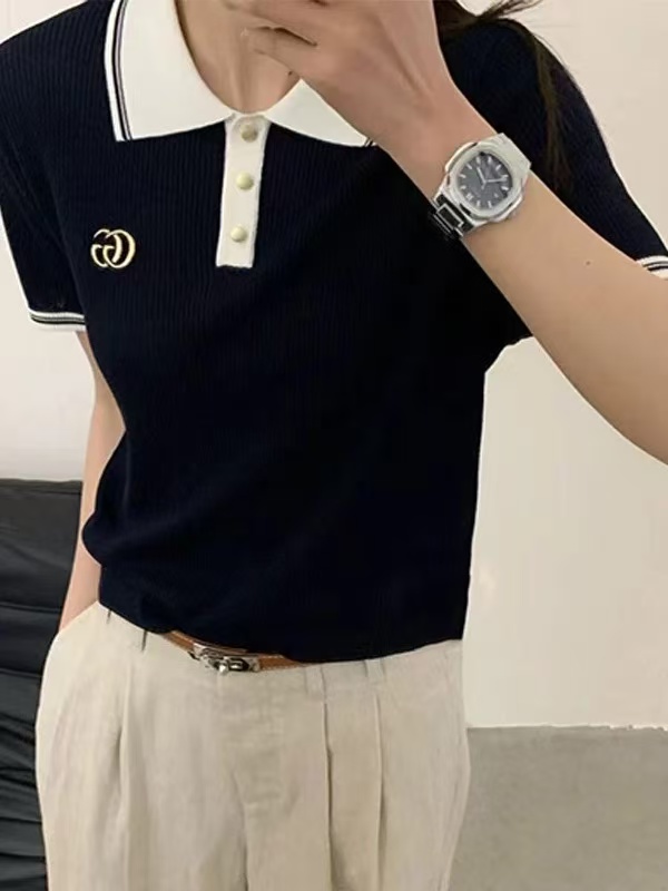 小香風歐貨polo領撞色針織短袖女T恤夏季新款氣質通勤百搭上衣潮