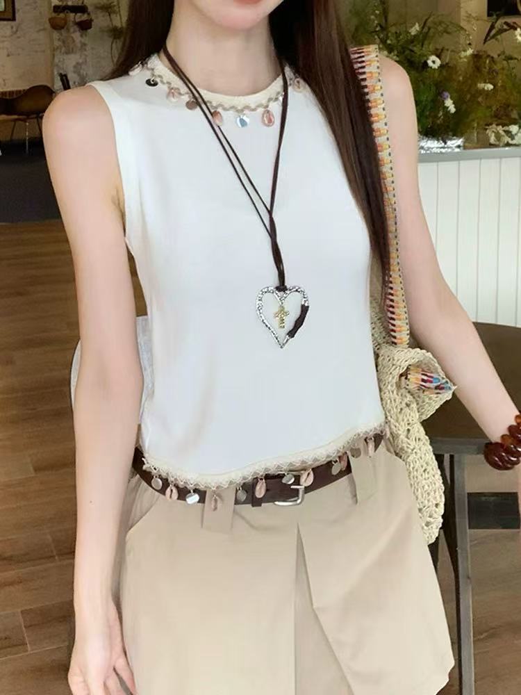 高級感重工貝殼流蘇針織短背心女夏季多巴胺穿搭辣妹獨特漂亮小衫