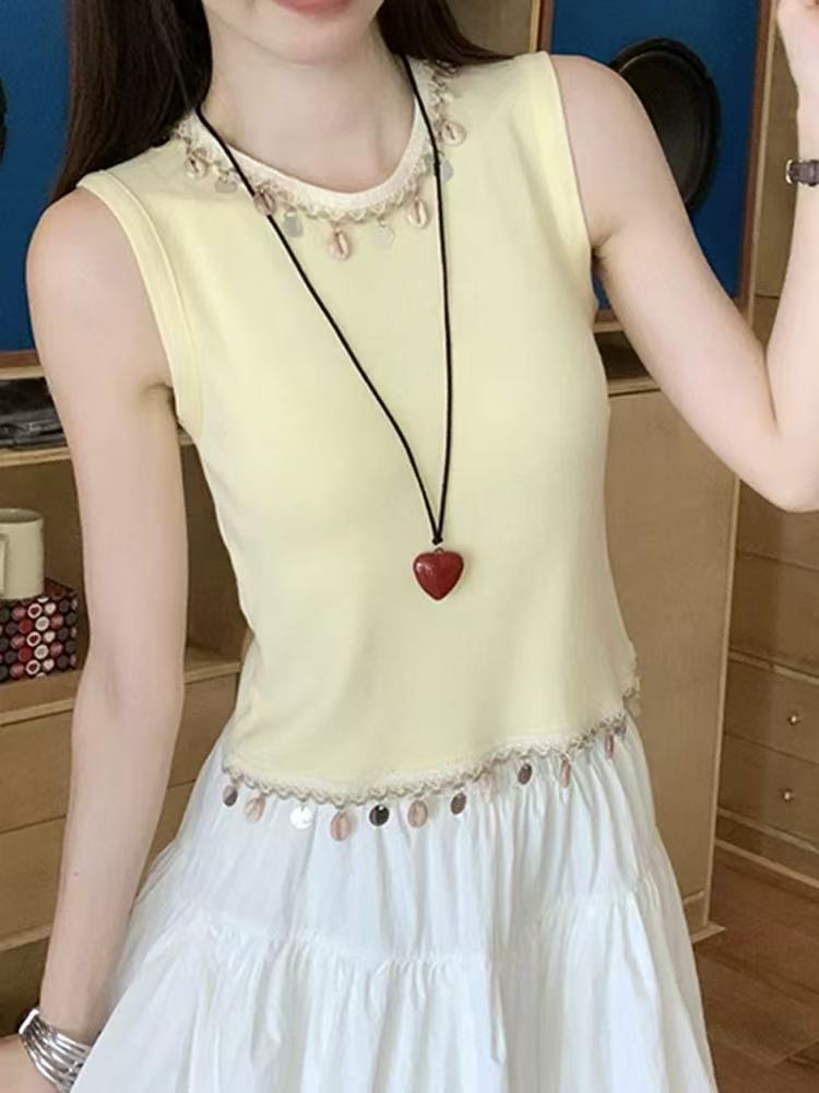 高級感重工貝殼流蘇針織短背心女夏季多巴胺穿搭辣妹獨特漂亮小衫