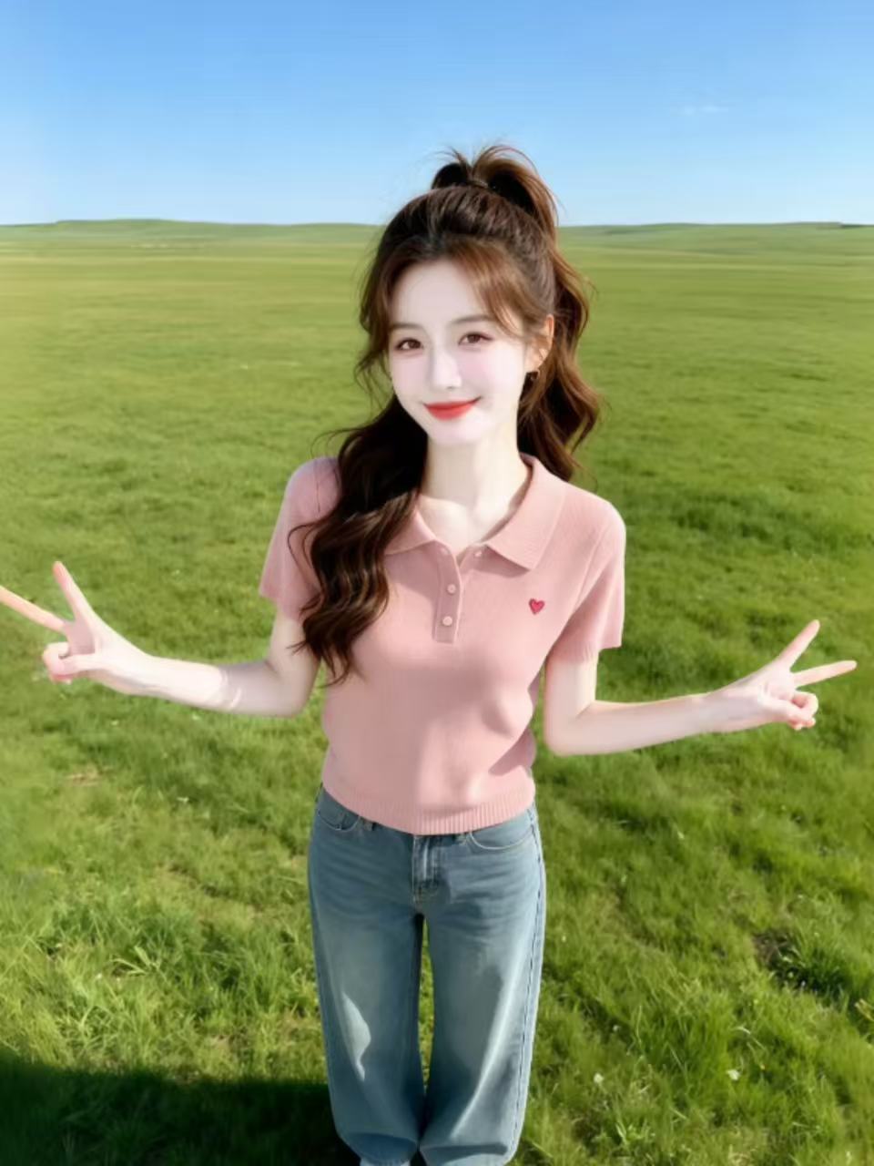夏季新款顯瘦百搭超好看減齡洋氣粉色翻領短袖Polo針織T恤女爆款