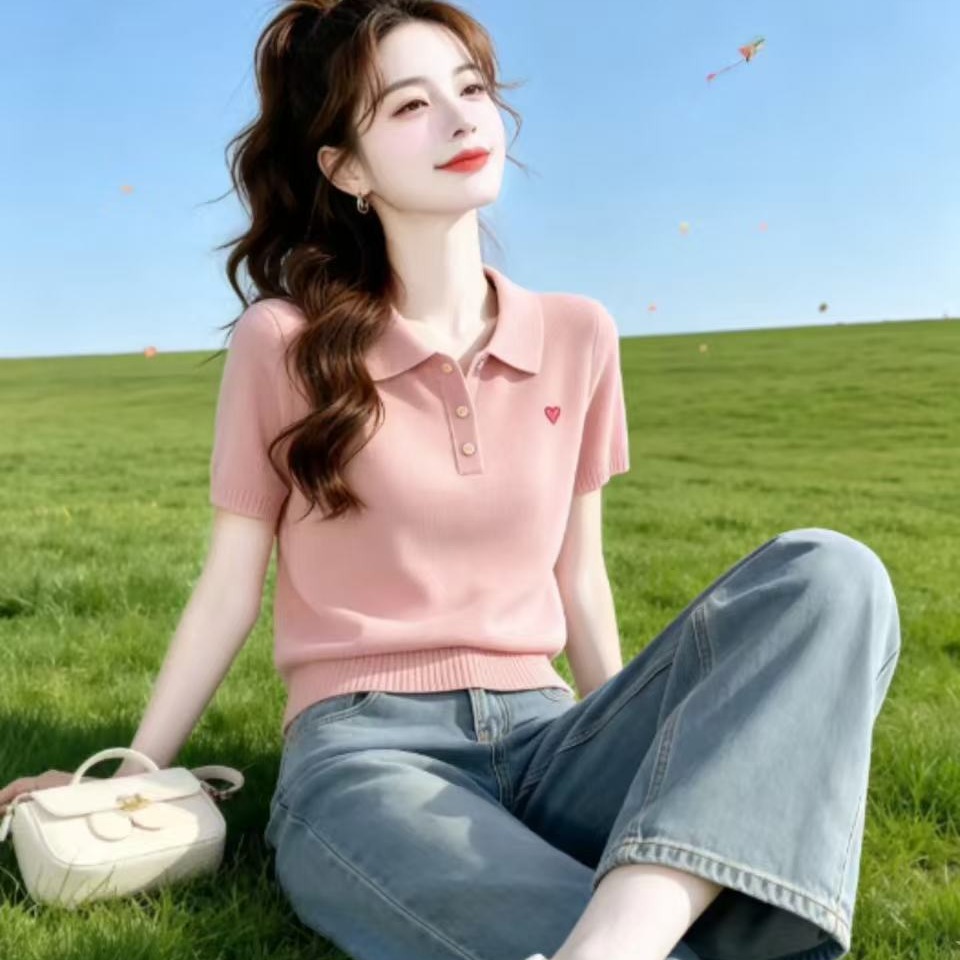 夏季新款顯瘦百搭超好看減齡洋氣粉色翻領短袖Polo針織T恤女爆款