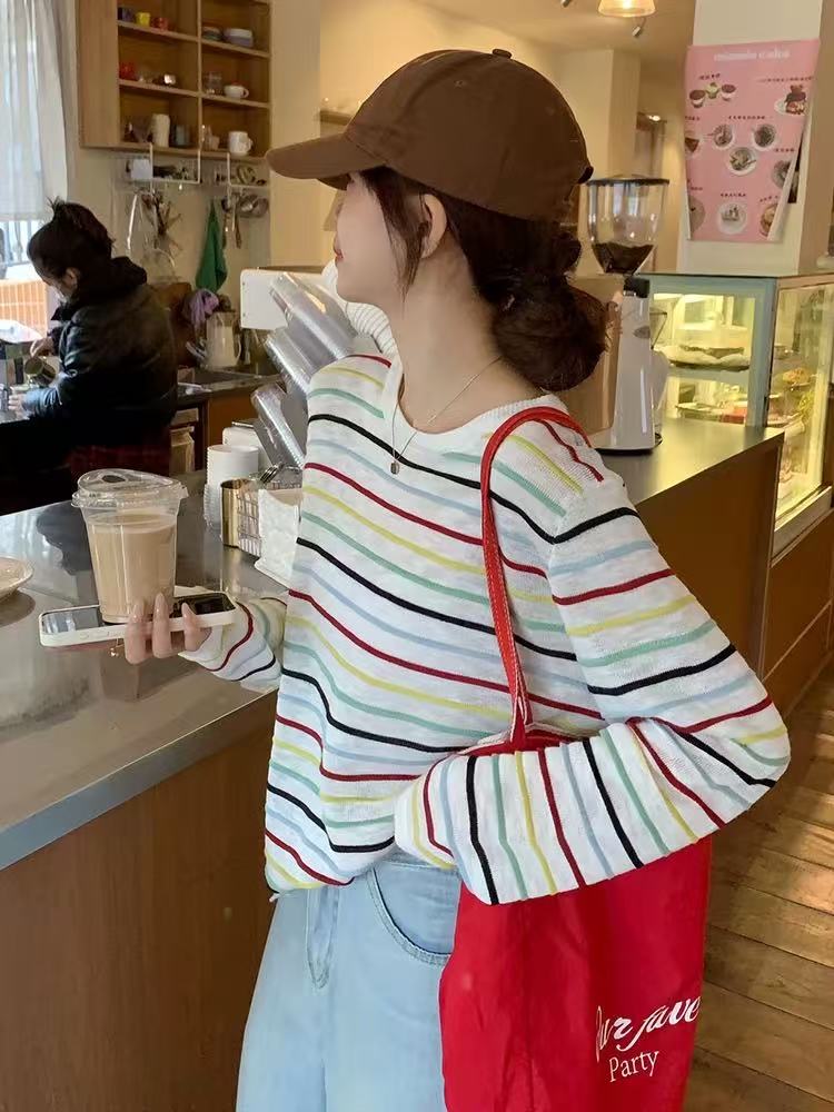 韓系立體條紋長袖t恤女2026新款夏季設計感寬松休閑防曬罩衫上衣