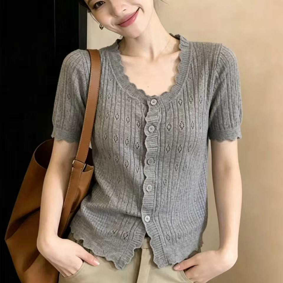 花邊V領白色短袖鏤空針織開衫女夏季薄款氣質小個子減齡洋氣上衣