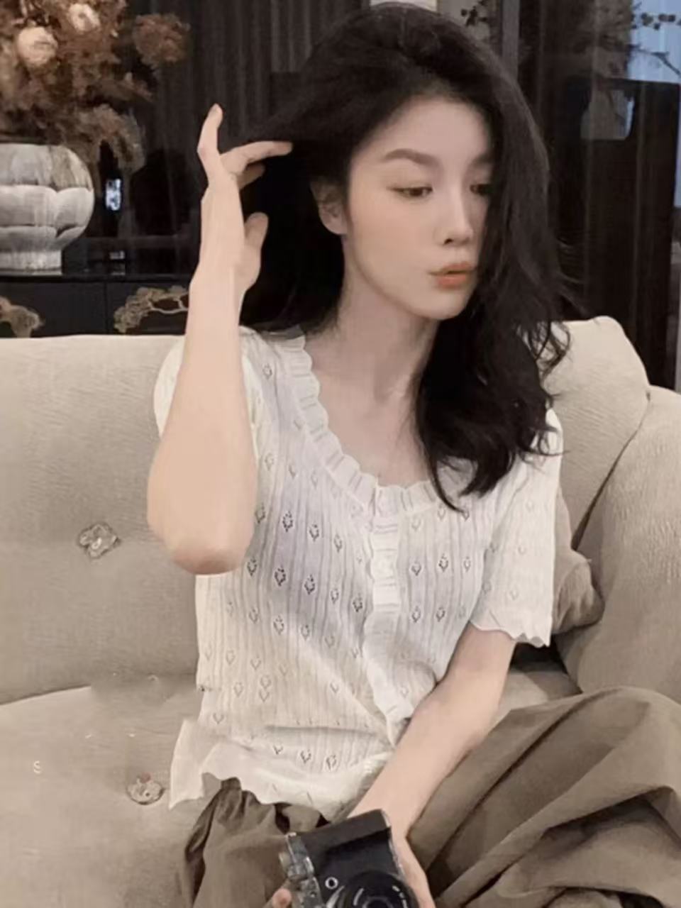 洋氣減齡花邊圓領短袖針織衫女2026新款夏季小個子短款氣質上衣女