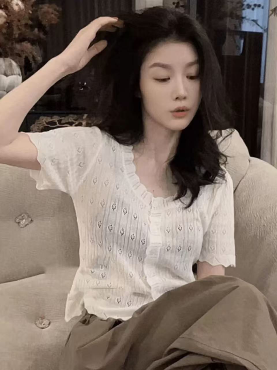 洋氣減齡花邊圓領短袖針織衫女2026新款夏季小個子短款氣質上衣女