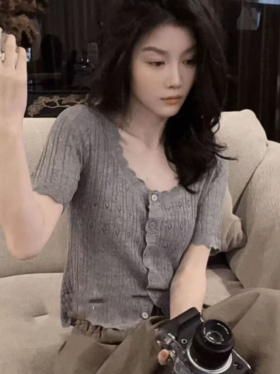 洋氣減齡花邊圓領短袖針織衫女2026新款夏季小個子短款氣質上衣女