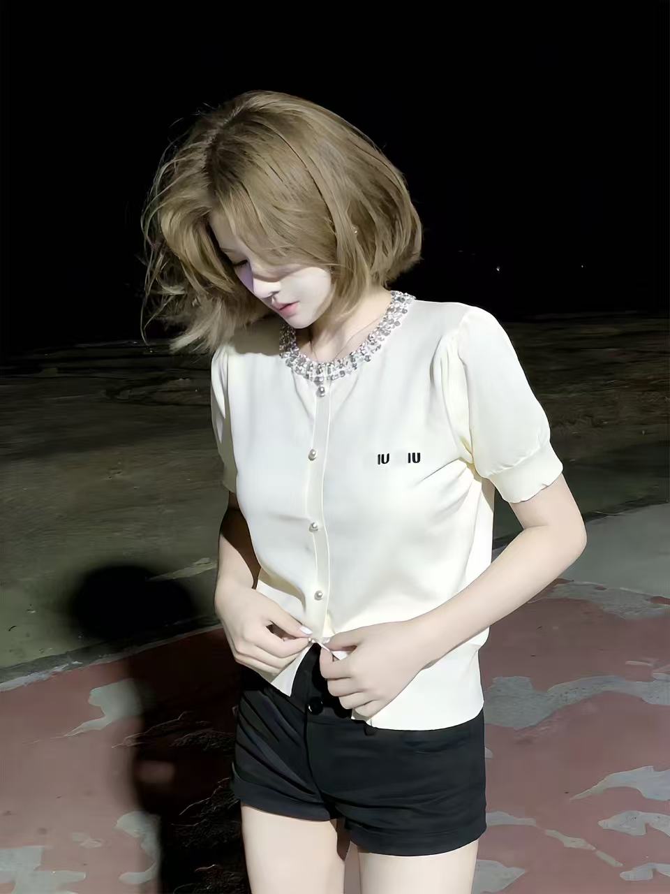 LIHEYU 韓系重工珍珠圓領泡泡袖針織衫女夏季設計感字母刺繡上衣