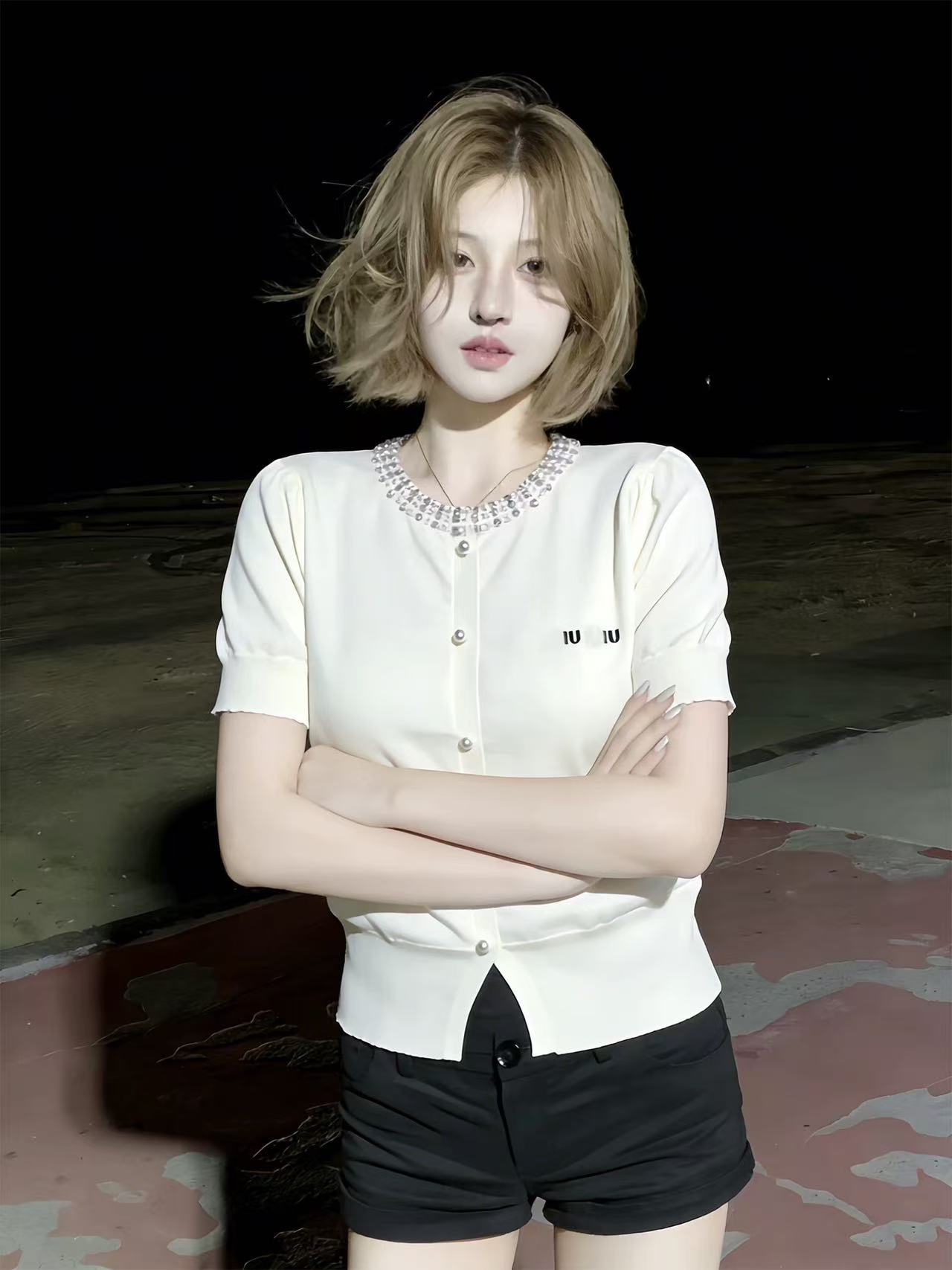 LIHEYU 韓系重工珍珠圓領泡泡袖針織衫女夏季設計感字母刺繡上衣