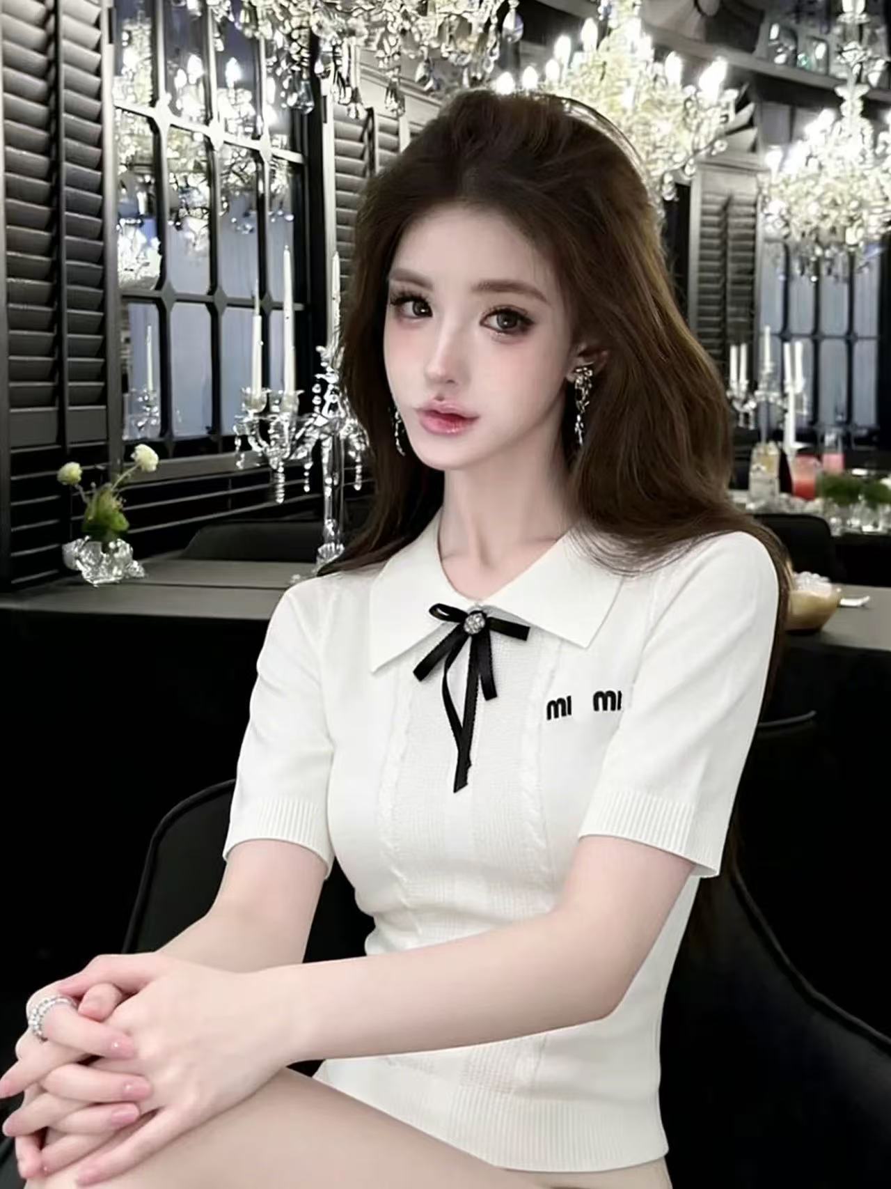LYM STudio      學院風娃娃領蝴蝶結短袖T恤女黑色撞色甜美上衣