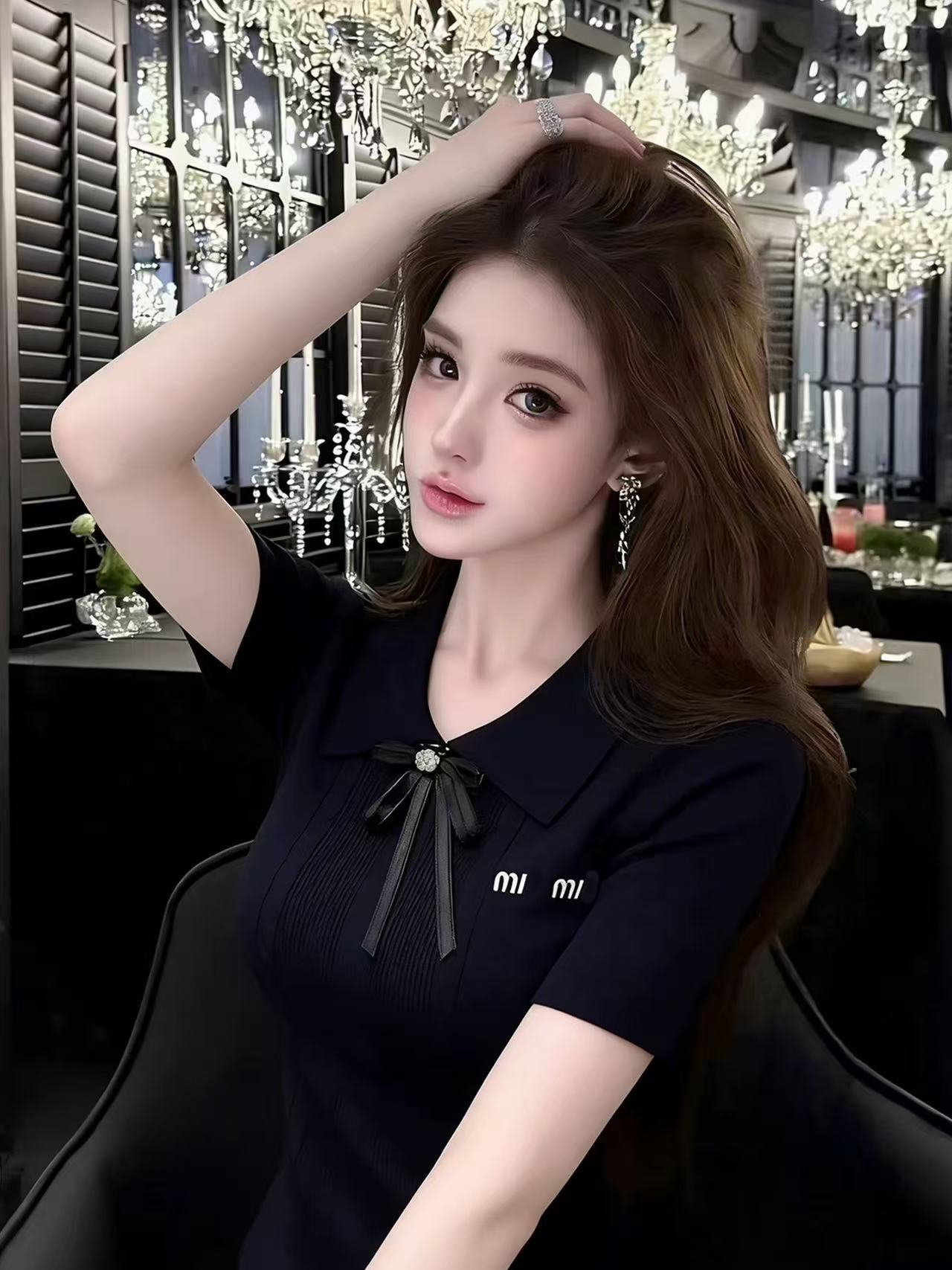 LYM STudio      學院風娃娃領蝴蝶結短袖T恤女黑色撞色甜美上衣