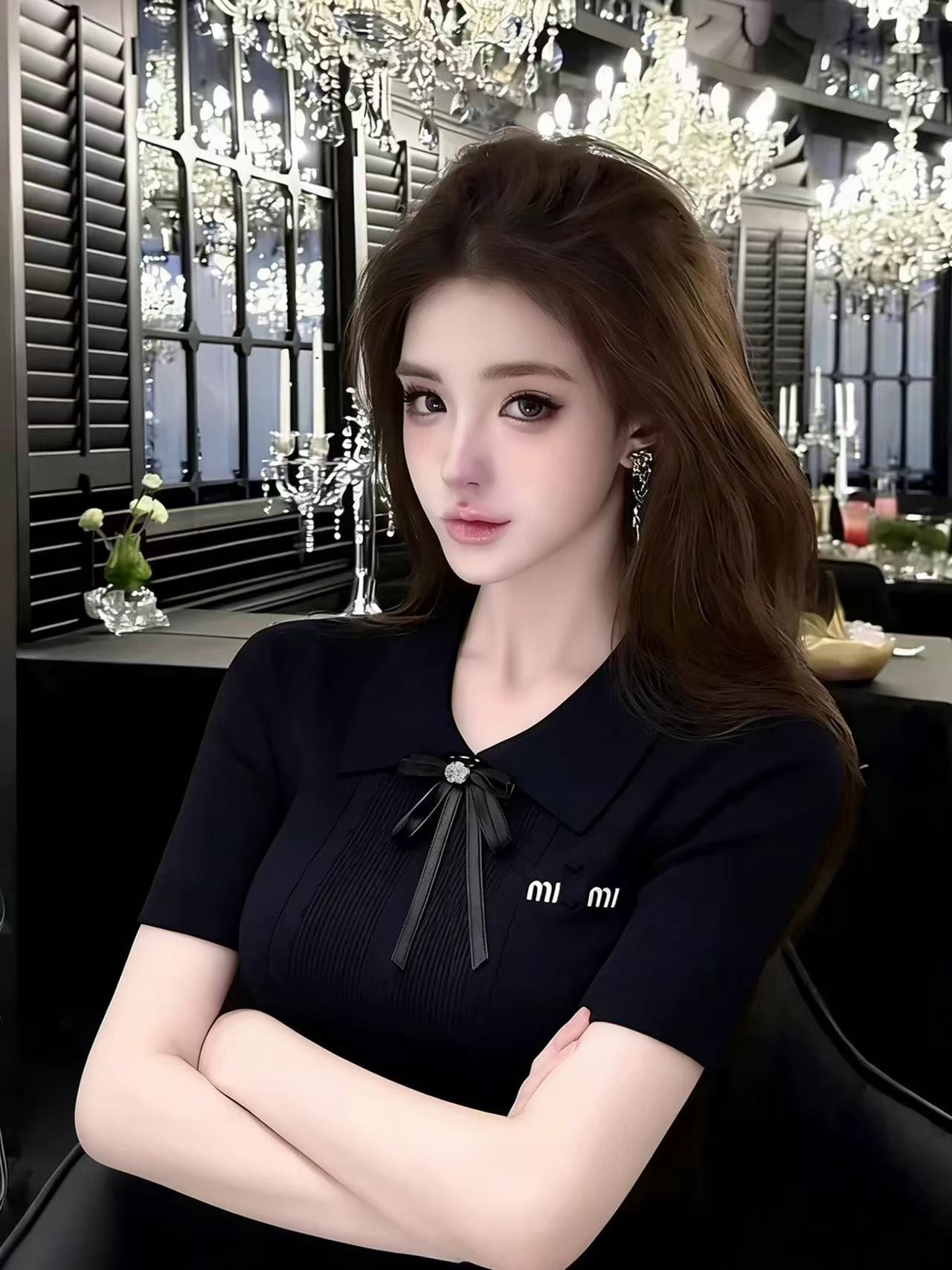 LYM STudio      學院風娃娃領蝴蝶結短袖T恤女黑色撞色甜美上衣