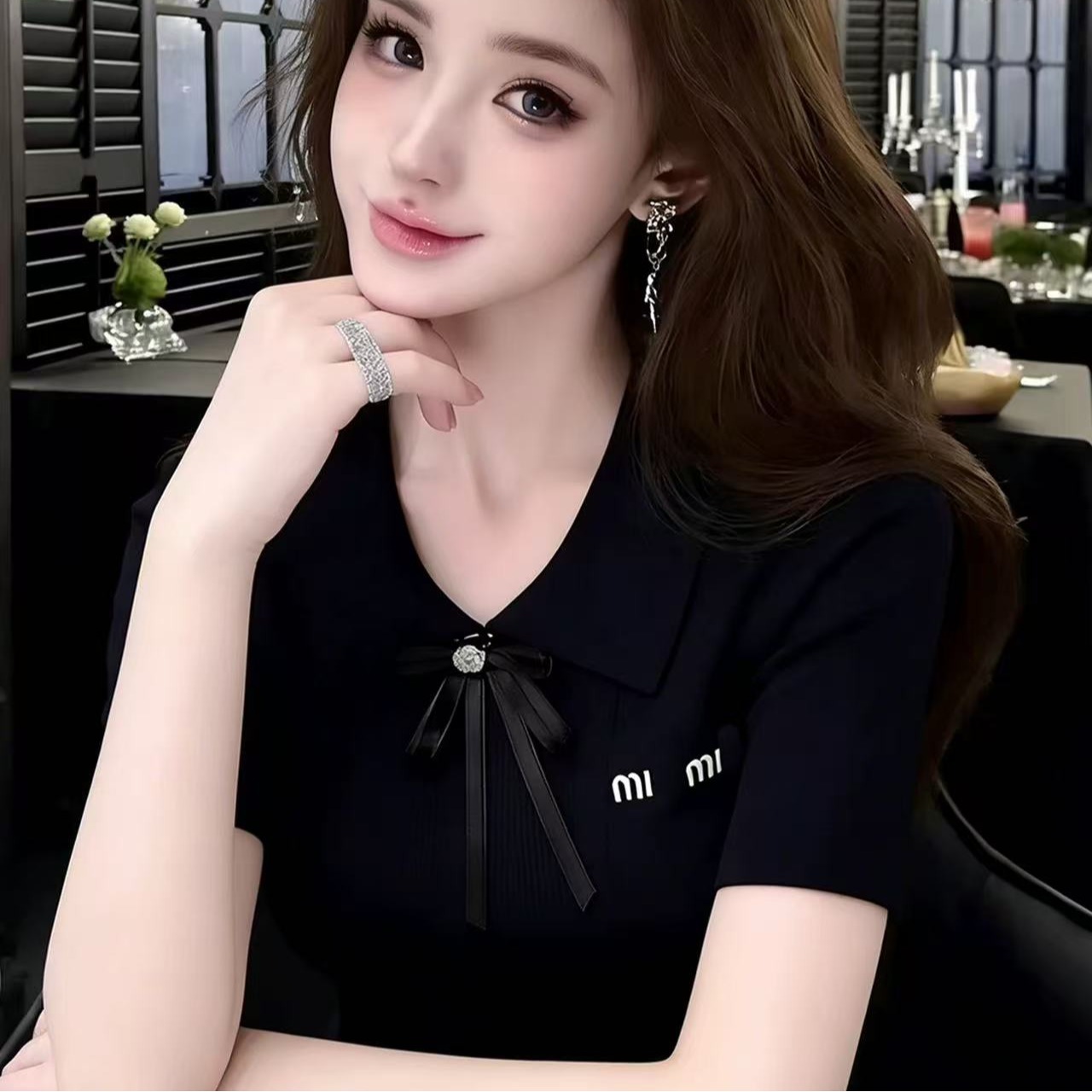 LYM STudio      學院風娃娃領蝴蝶結短袖T恤女黑色撞色甜美上衣