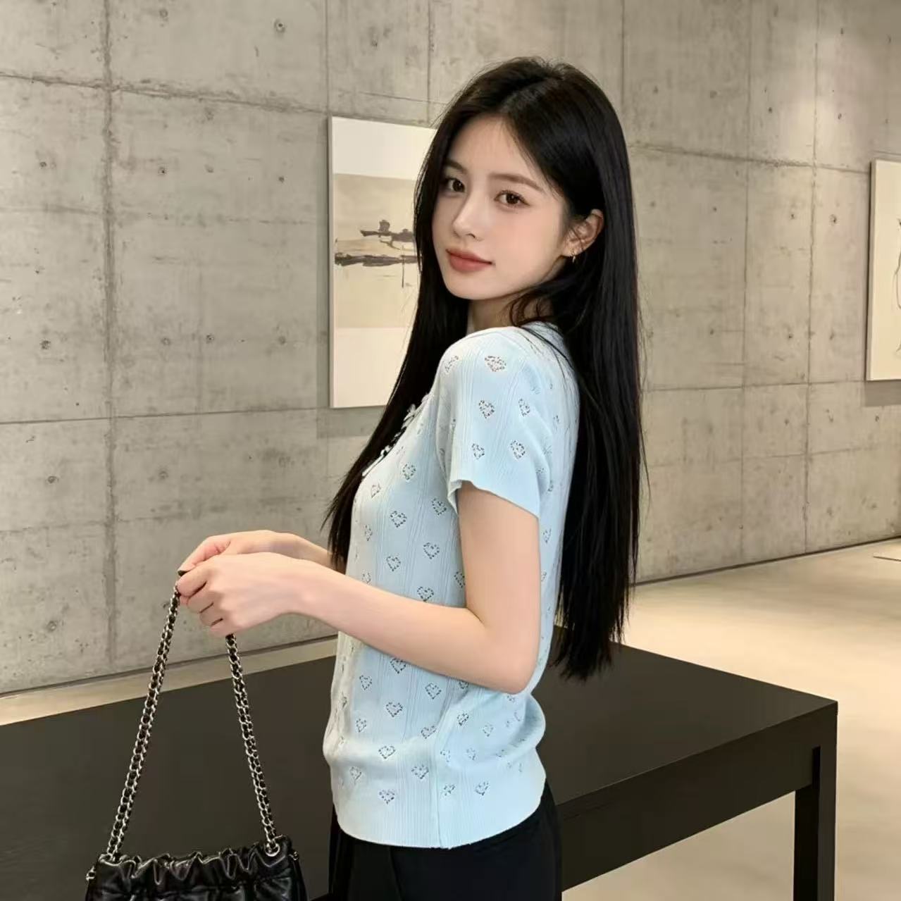 2026春夏新款 坑條愛心鏤空方領短袖針織衫女 顯瘦修身小眾女裝
