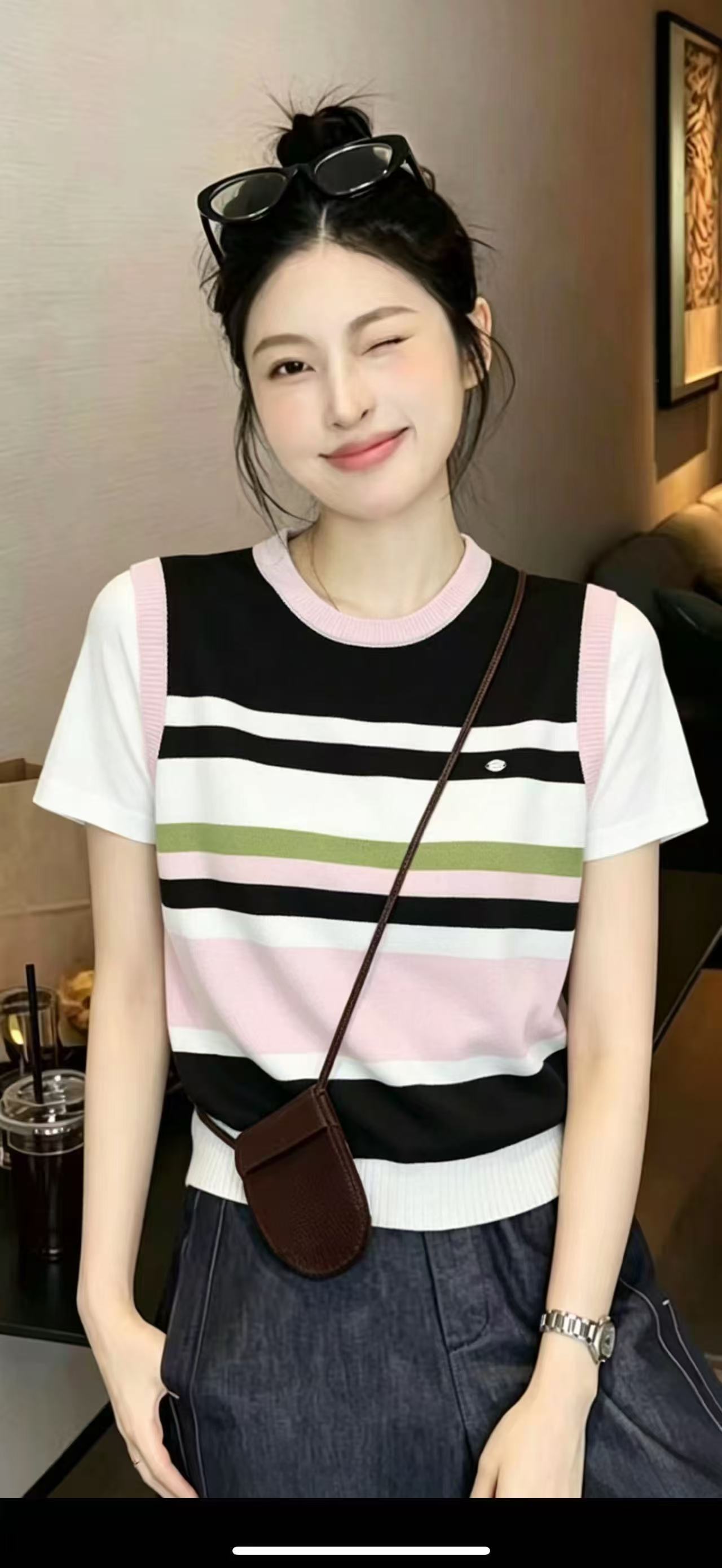 韓系時尚撞色條紋假兩件針織短袖上衣2026夏季新款通勤風圓領小衫