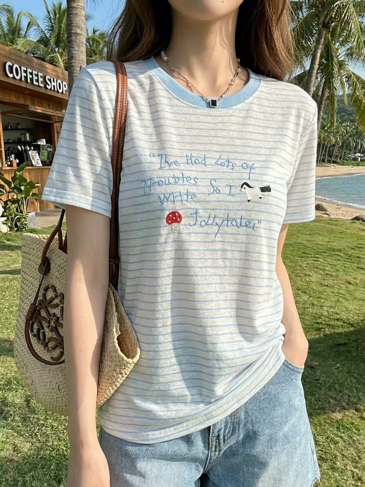 鐘菲菲涼爽雪花棉設計感條紋正肩短袖t恤女2026新款夏季穿搭顯瘦