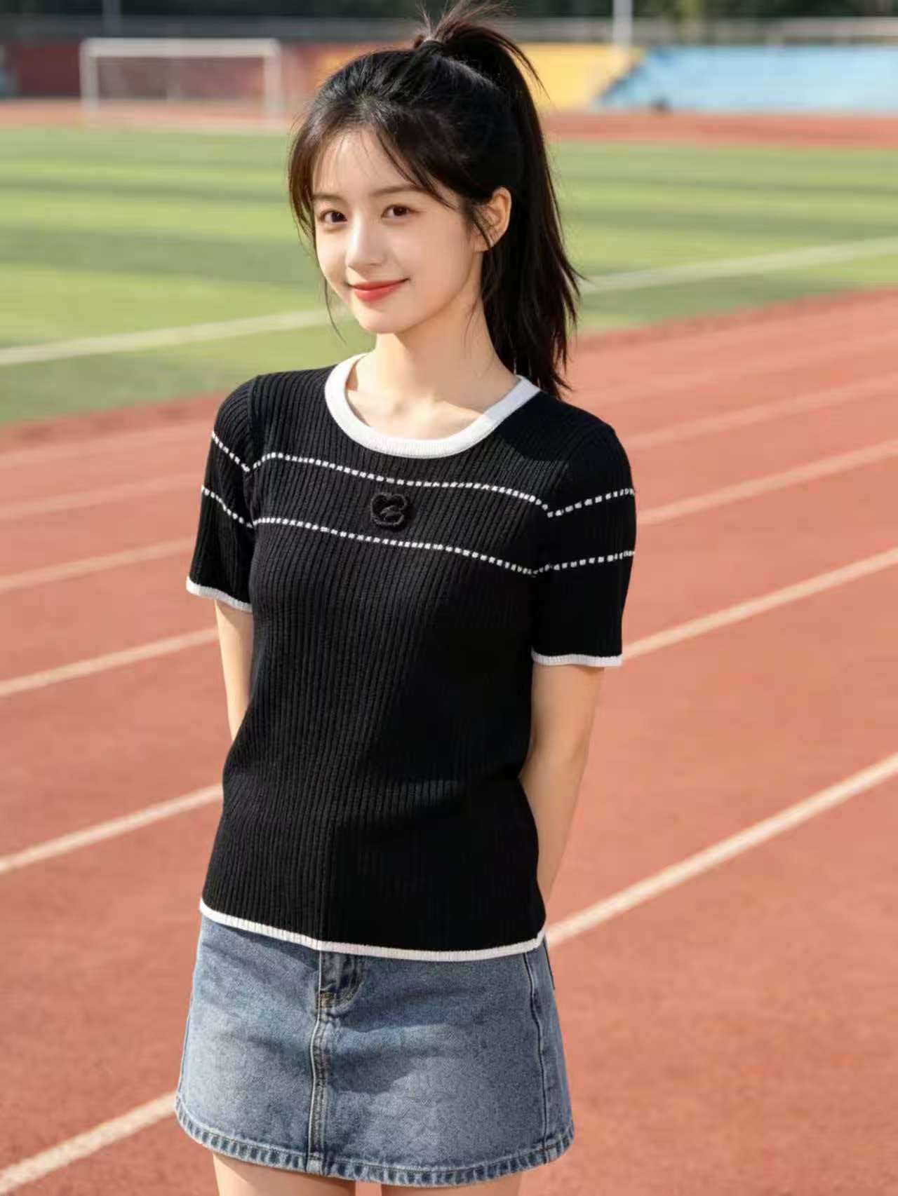 LIHEYU 法式小香風圓領針織衫女夏季新款撞色鏤空輕奢氣質正肩T恤