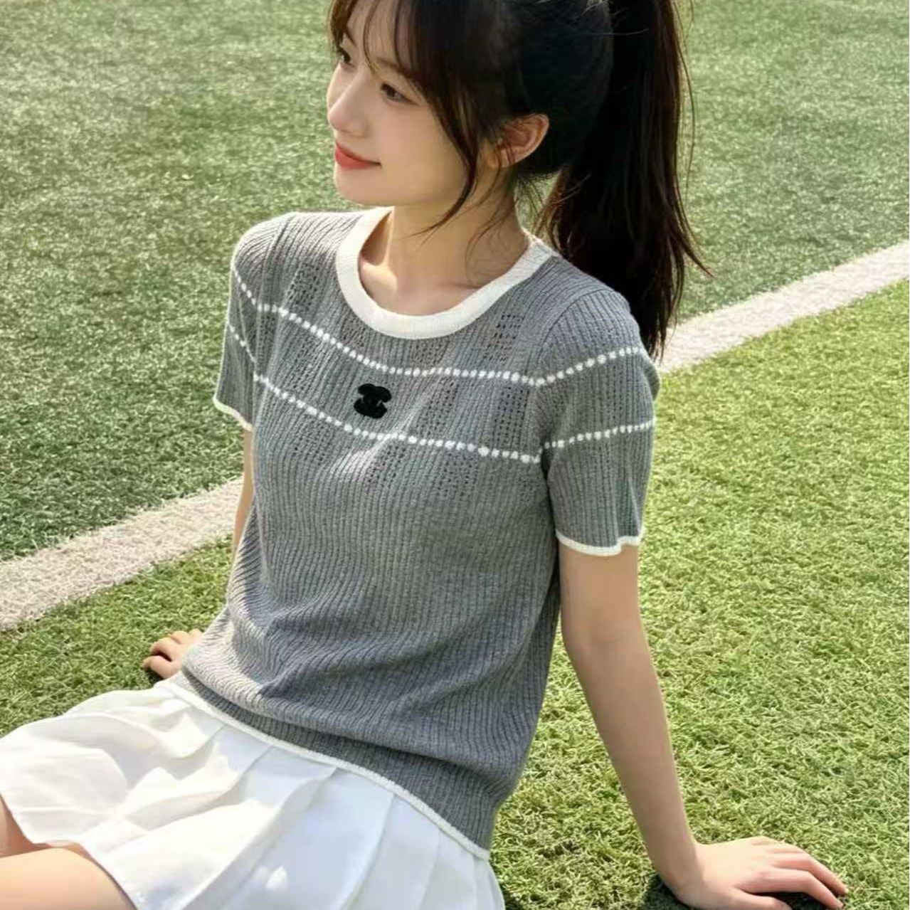 LIHEYU 法式小香風圓領針織衫女夏季新款撞色鏤空輕奢氣質正肩T恤