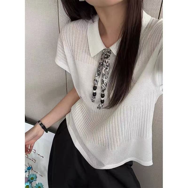 絲巾裝飾紐扣翻領套頭針織衫女夏季新款寬松微透坑條短袖polo衫薄