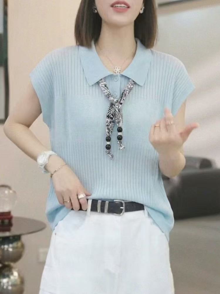 絲巾翻領藍色短袖針織衫女2026夏季新款韓系減齡顯瘦上衣薄款t恤