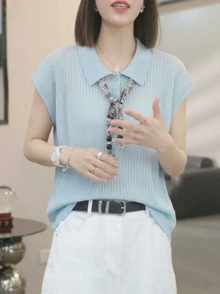 絲巾翻領藍色短袖針織衫女2026夏季新款韓系減齡顯瘦上衣薄款t恤