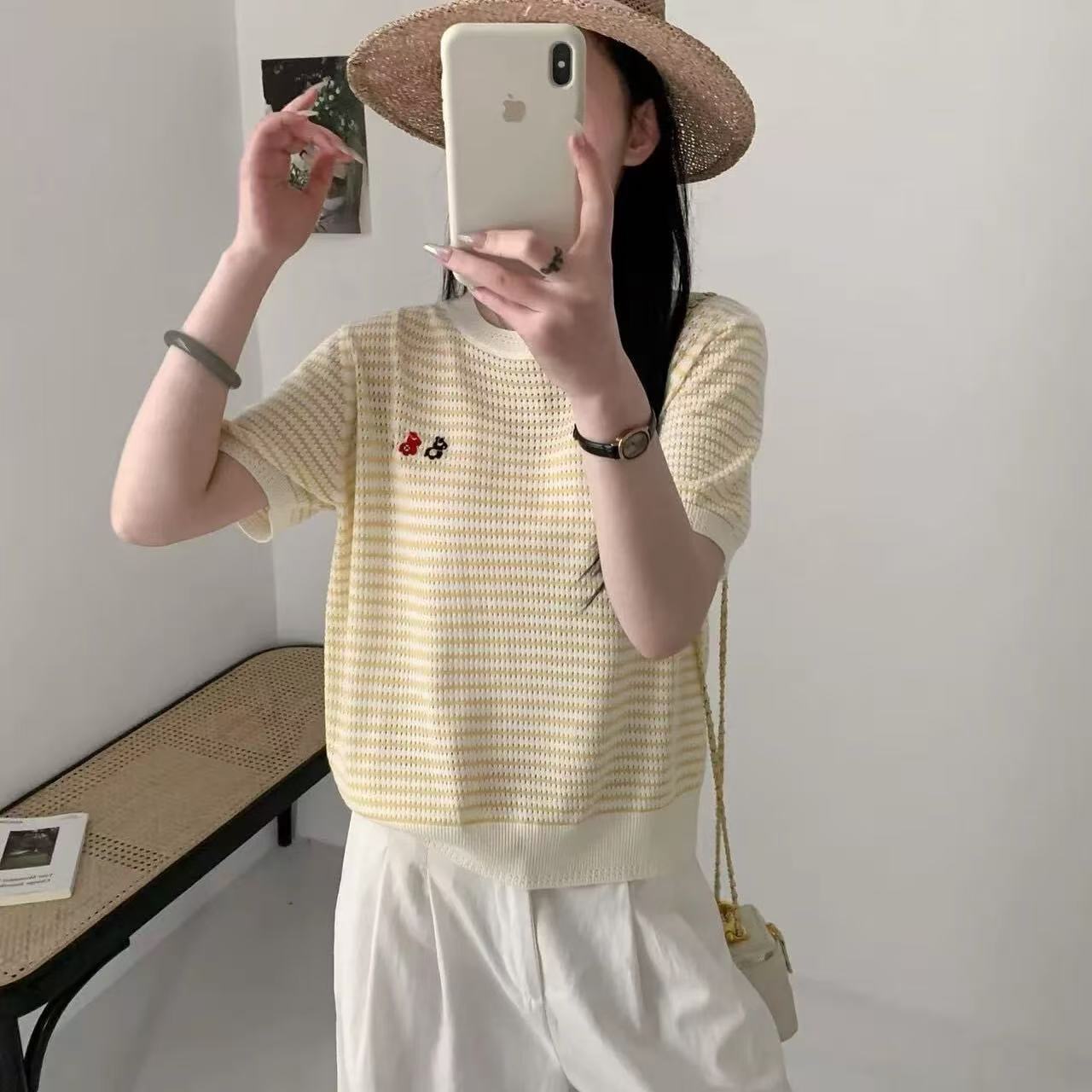 2026新款刺繡條紋針織短袖t恤女夏季薄款萊賽爾天絲針織衫女上衣
