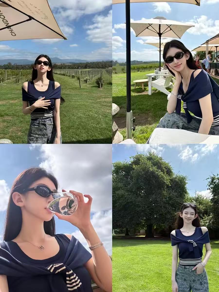 假兩件海軍領披肩針織背心女春夏高級感條紋撞色時尚休閑百搭上衣