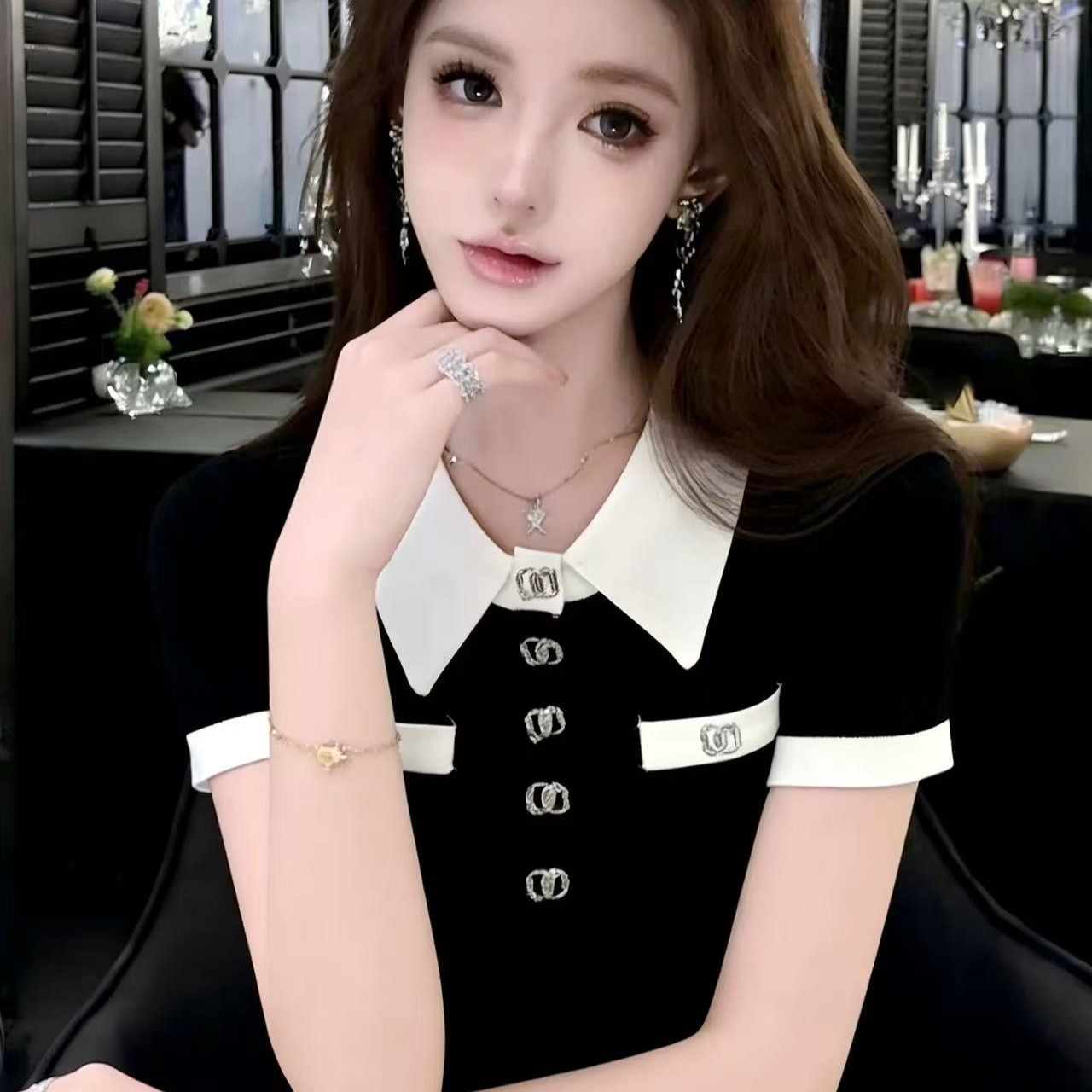 LYM STudio   學院風撞色POLO領短袖T恤女設計感雙口袋小香風上衣