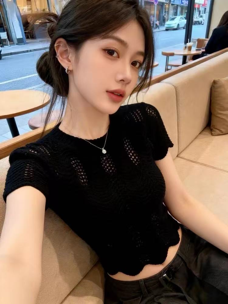 自留款推薦~鏤空圈圈紗短袖針織衫女夏季新款巨好看修身短款上衣