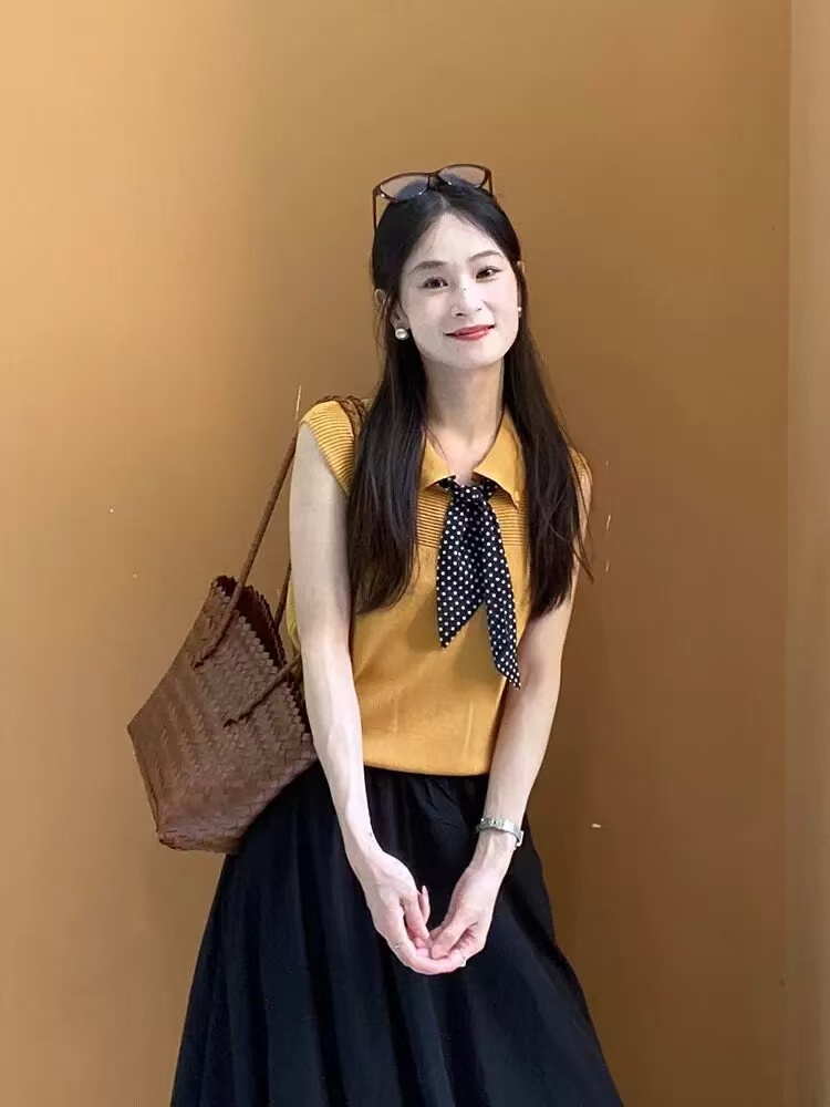 絕美巨好看黃色絲巾polo領針織無袖背心女夏冰絲坎肩外穿T恤上衣